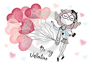 A Valentine's Day card. Cute girl with balloon hearts. Be my Valentine. Vector