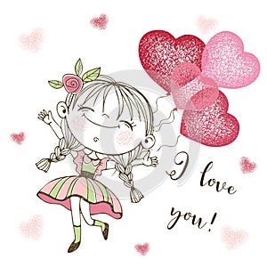 A Valentine's Day card. Cute girl with balloon hearts. I love you. Vector