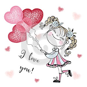 A Valentine's Day card. Cute girl with balloon hearts. I love you. Vector