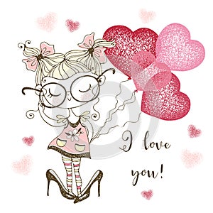 A Valentine's Day card. Cute girl with balloon hearts. I love you. Vector