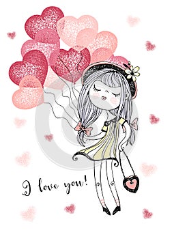 A Valentine`s Day card. Cute girl with balloon hearts. Vector