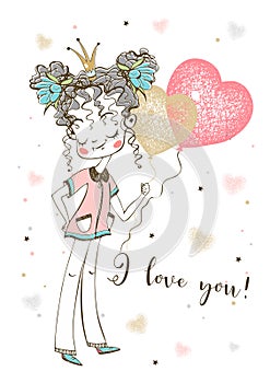 A Valentine's Day card. Cute girl with balloon hearts. Vector