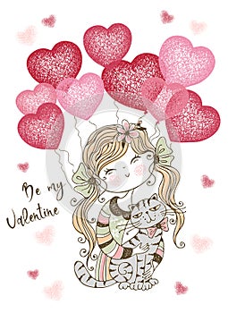 A Valentine's Day card. Cute girl with balloons and a cute cat. A declaration of love. Vector