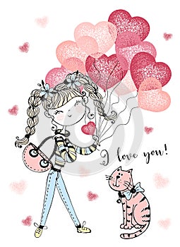 A Valentine's Day card. Cute girl with balloons and a cute cat. A declaration of love. Vector