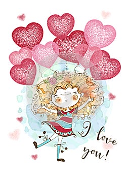 A Valentine's day card. Cute girl with balloons in the form of hearts. Be my Valentine. Vector