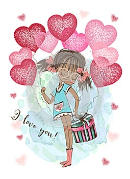 A Valentine's day card. Cute girl with balloons in the form of hearts. Watercolor