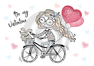 A Valentine's Day card. Cute girl with balloons rides a bike. Be my Valentine. Vector