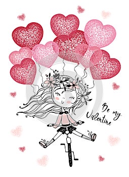 A Valentine's Day card. Cute girl with balloons rides a bike. Be my Valentine. Vector