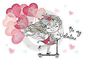 A Valentine's day card. A cute girl with balloons rides a scooter. Be my Valentine. Vector