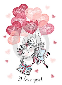 A Valentine's day card. A cute girl is flying balloons with a gift. Vector