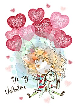 A Valentine's day card. Cute girl with a toy and balloons in the form of hearts. Be my Valentine. Vector