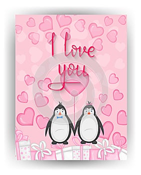 Valentine`s Day card with cute penguins. Cartoon style. Vector illustration