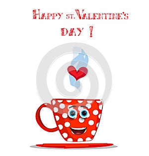 Valentine`s day card with cute smiling red cartoon cup