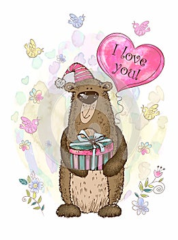 A Valentine's Day card. Cute teddy bear with a balloon in the form of a heart. Watercolor