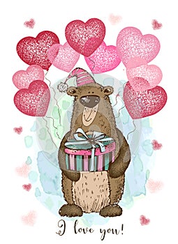 A Valentine's Day card. Cute teddy bear with balloons in the shape of a heart.
