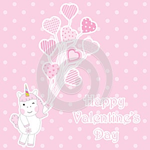 Valentine's day card with cute unicorn girl with colorful balloons on polkadot background for kid greeting card