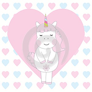 Valentine& x27;s day card with cute unicorn girl on love background for kid greeting card