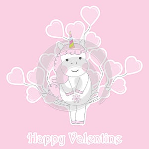 Valentine's day card with cute unicorn girl with love balloons for kid greeting card