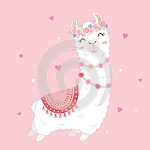 Valentine`s day card featuring a cute llama