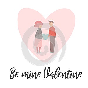 Valentine`s day card with girl and boy holding heart