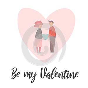 Valentine`s day card with girl and boy holding heart.