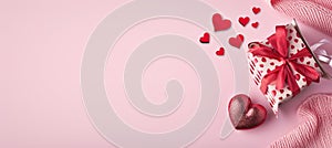 Valentine`s Day card with girt box and heart shapes on pink background. Banner with decoration and copy space for text, beauty