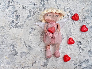 Valentine's Day card with handmade pink angel and hearts