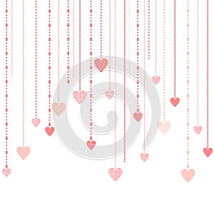 Valentine`s day card with hanging red hearts On a white background. Hand, pink