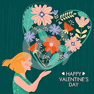 Valentine`s day card with happy lady. Cute girl in love blowing kiss as a composition of flowers  in the shape of a heart.