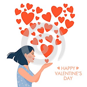 Valentine`s day card with happy lady. Cute girl in love blowing kiss in the shape of a heart.