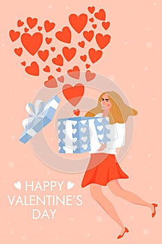 Valentine`s day card with happy woman. Girl in love. Woman flies with a cute gift.