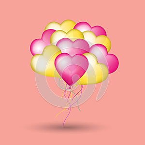 Valentine`s day card with heart balloons. 3d vector illustration. Bunch of pink and golden helium balloons.