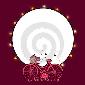 Valentine`s day card. Illustration of a bicycle with flowers in a basket, holiday illuminated light bulbs frame with copy space t