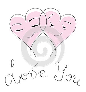 Valentine`s day card & love. Cartoon hearts couple