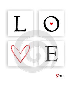 Valentine`s day card, love word in the frames isolated on a white background