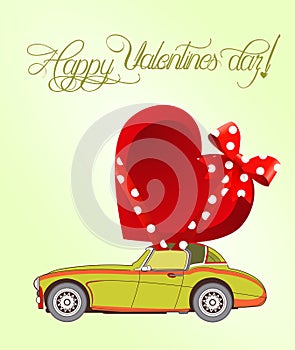 Valentine`s Day Card with old car and gift heart - vector.