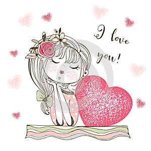 A Valentine's Day card. A pretty girl with a big heart. A declaration of love. Vector