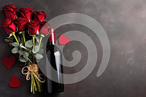 Valentine& x27;s day card with red wine, romantic red roses flowers. Generative AI