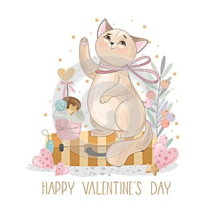 Valentine`s day card. Romantic cat with festive elements.