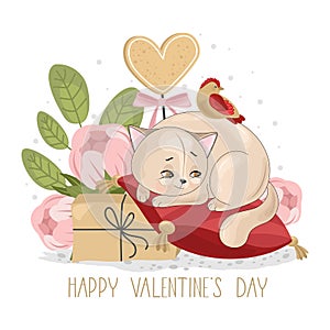 Valentine`s day card. Romantic cat with festive elements.