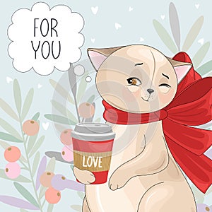 Valentine`s day card. Romantic cat with festive elements.