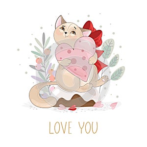 Valentine`s day card. Romantic cat with festive elements.