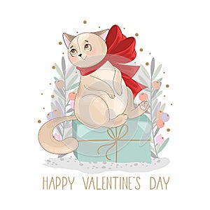 Valentine`s day card. Romantic cat with festive elements.