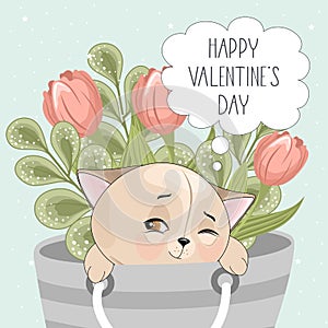 Valentine`s day card. Romantic cat with festive elements.