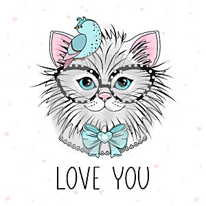 Valentine`s day card. Romantic Cat with festive elements.