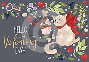 Valentine`s day card. Romantic cat with festive elements. Hand lettering. Vector illustration.