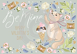 Valentine`s day card. Romantic cat with festive elements. Hand lettering. Vector illustration.