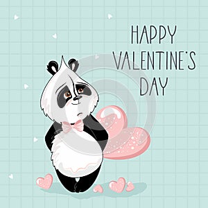 Valentine`s day card. Romantic Panda with festive elements.