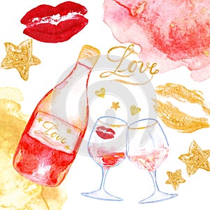 Valentine`s day card with rose wine and wine glasses. Festive romantic background