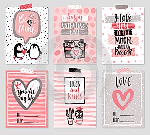 Valentine`s Day card set - hand drawn style with calligraphy.